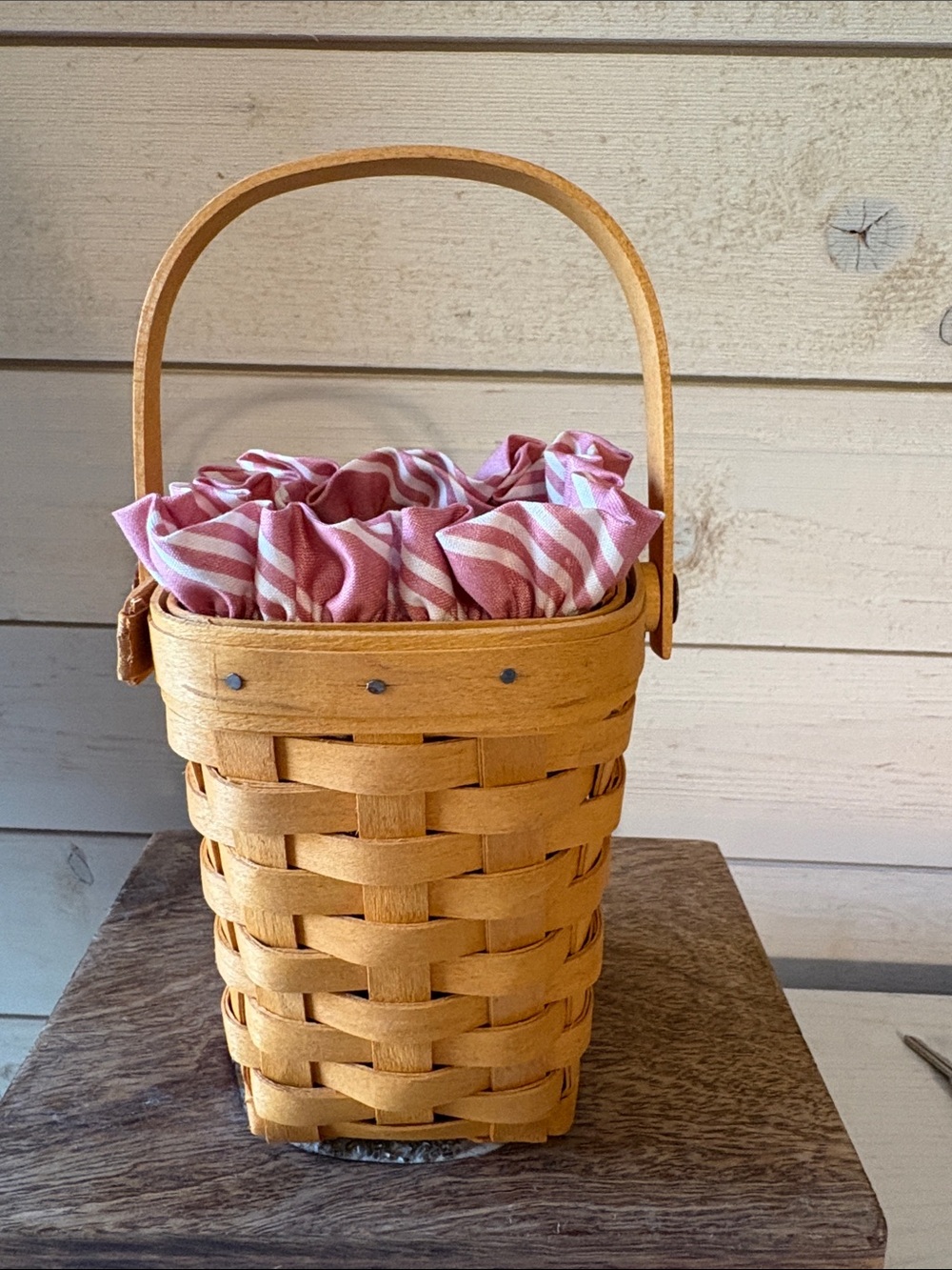 Longaberger Natural Brown Basket with Pink Striped Liner